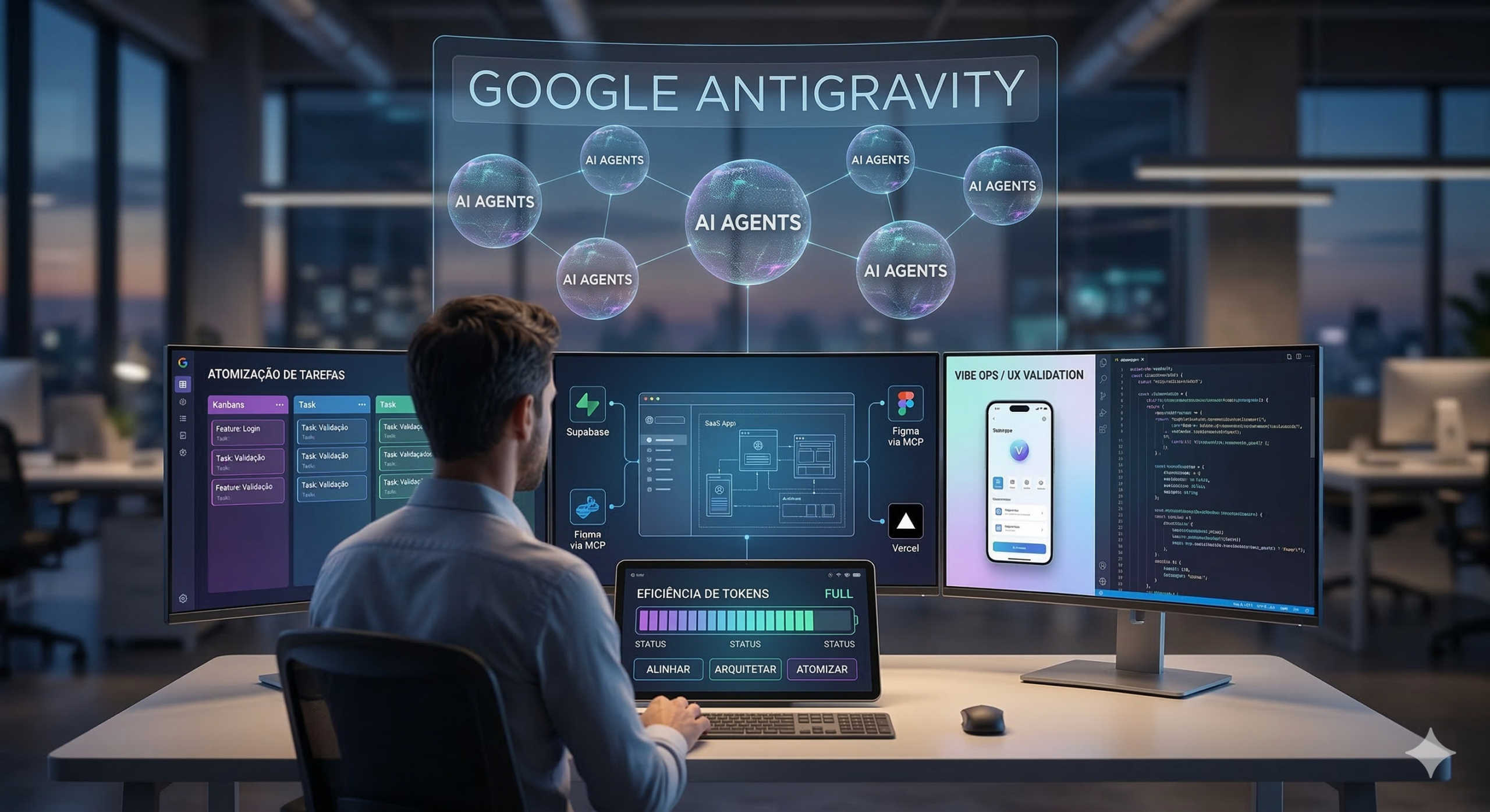 Um diagrama ilustrativo complexo sob uma perspectiva futurista, detalhando um centro de comando master para o desenvolvimento de software otimizado por IA usando o Google Antigravity. Mostra um usuário sentado diante de uma estação de trabalho com três monitores e hologramas. O display central exibe 'GOOGLE ANTIGRAVITY' orquestrando esferas de 'AI AGENTS' (Agentes de IA). Os displays periféricos ilustram processos estruturados: 'ATOMIZAÇÃO DE TAREFAS' (para quebra de recursos em Kanban), 'VIBE OPS / UX VALIDATION' (para integração visual com Figma, Supabase, Vercel e Docker) e um tablet monitorando 'EFICIÊNCIA DE TOKENS' com status 'FULL' (Cheio) e a barra de progresso 'ALINHAR,' 'ARQUITETAR,' 'ATOMIZAR'. O visual completo representa uma metodologia estruturada para criação de software, unindo arquitetura técnica com eficiência Vibe Ops.